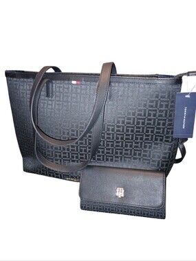Tommy Hilfiger Black Monogram Tote with Matching Wallet, NWT